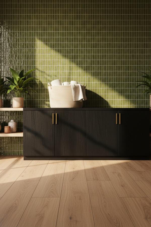 Modern Earthy Elegance Black Cabinet Bathroom, Black Wooden Storage Cabinet, 1 Olive Green Mosaic Tile Wall, 1 Cream Woven Basket