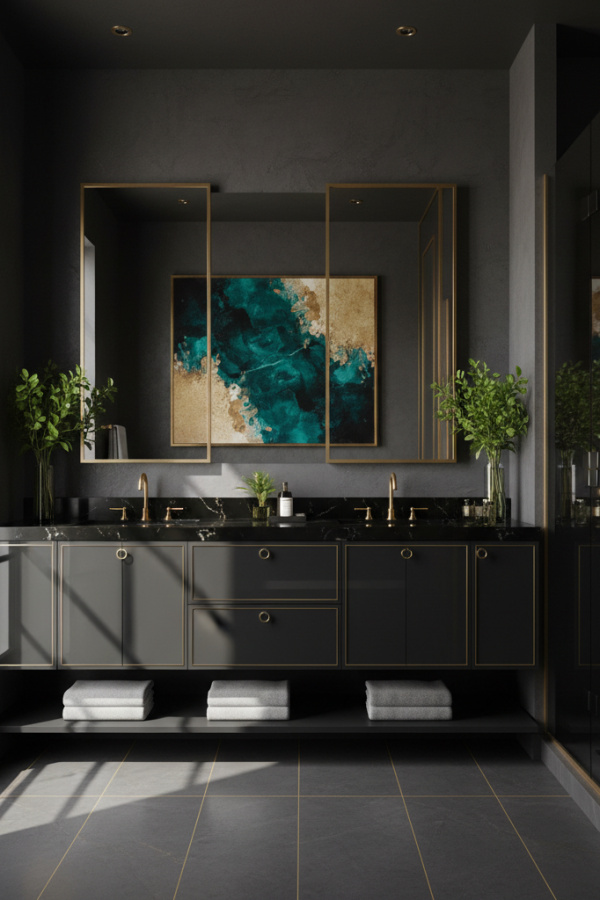Modern Polished Minimal Black Cabinet Bathroom, Matte Black Double Vanity, 1 Black Metal Rectangular Mirror, 1 Gold Faucet Fixture