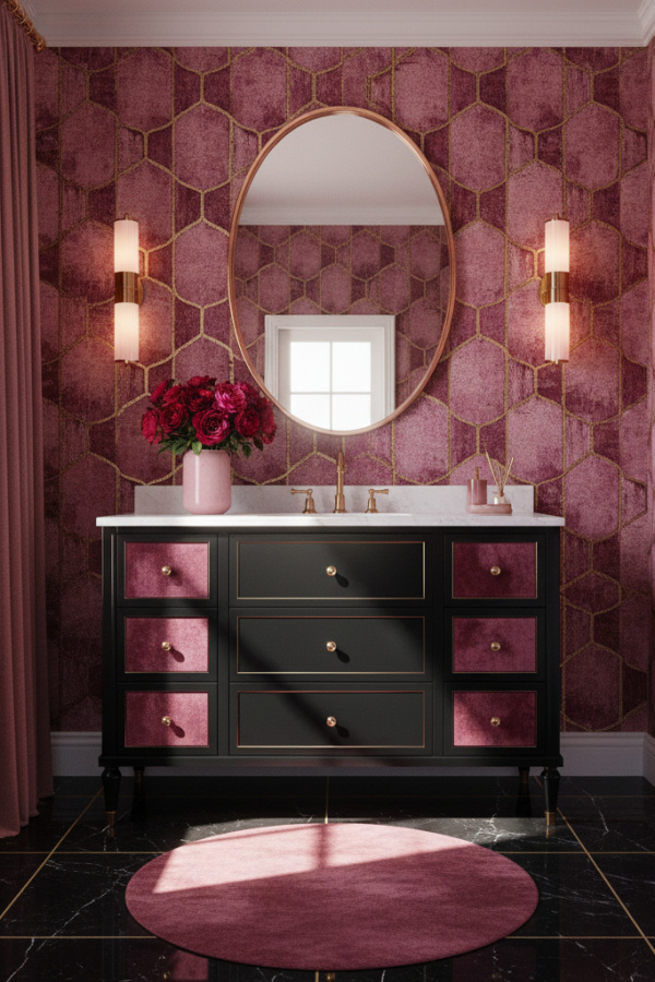Modern Velvet Romance Black Cabinet Bathroom, Black Lacquered Single Vanity, 1 Rose Gold Oval Mirror, 1 Blush Ceramic Vase