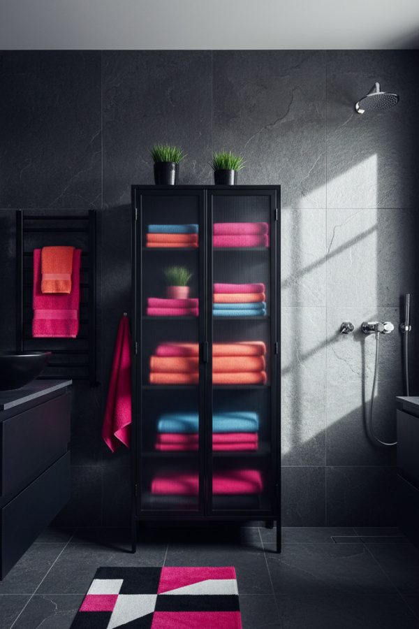 Modern Urban Edge Black Cabinet Bathroom, Black Metal-Frame Storage Cabinet, 1 Gray Slate Tile Floor, 1 Black Towel Rack