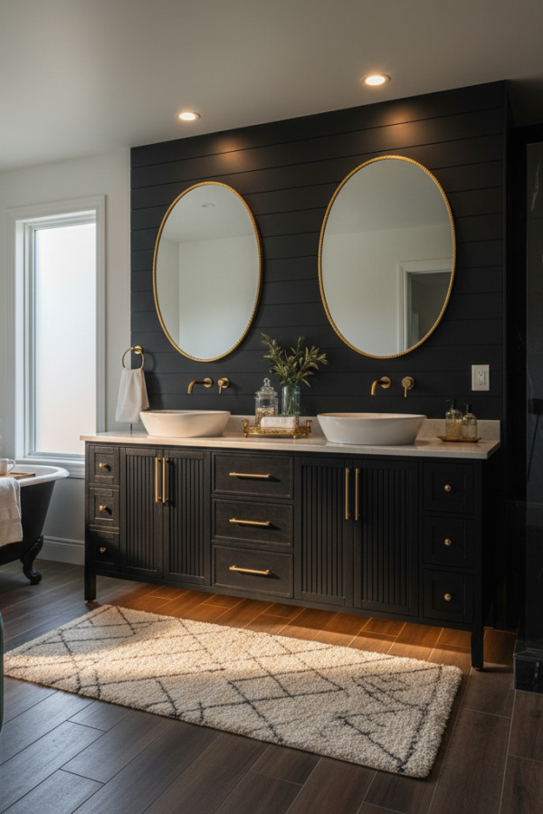 Modern Refined Cozy Black Cabinet Bathroom, Black Wooden Double Vanity, 1 Oval Ceramic Mirror, 1 Gold Decorative Tray