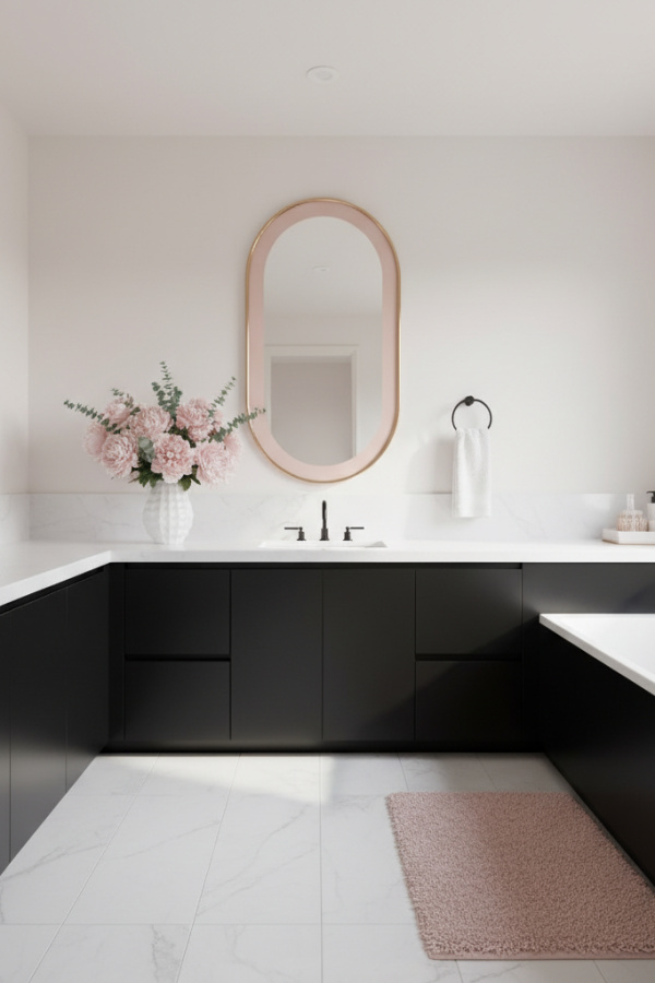 Modern Soft Splendor Black Cabinet Bathroom, Black Matte Storage Cabinet, 1 Blush Pink Oval Mirror, 1 White Ceramic Vase