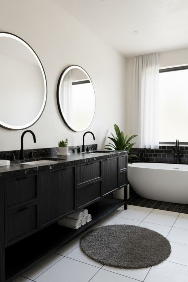 Modern Serene Bold Black Cabinet Bathroom, Black Marble-Top Double Vanity, 1 White Marble Counter Tray, 1 Black Faucet Fixture