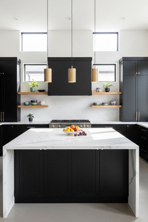 Kitchen Island, Black Cabinetry, White Marble Countertop, Bright Modern Kitchen Kitchen Island, Black Cabinetry, White Marble Countertop, Bright Modern Kitchen