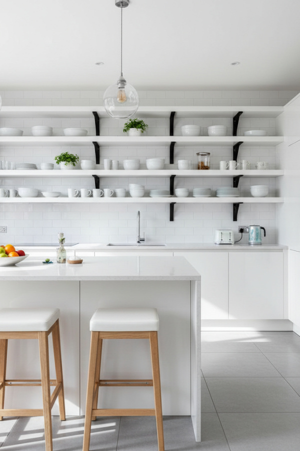 Kitchen Open Shelving, Black Metal Brackets, White Dishes Display, Bright Modern Kitchen Kitchen Open Shelving, Black Metal Brackets, White Dishes Display, Bright Modern Kitchen