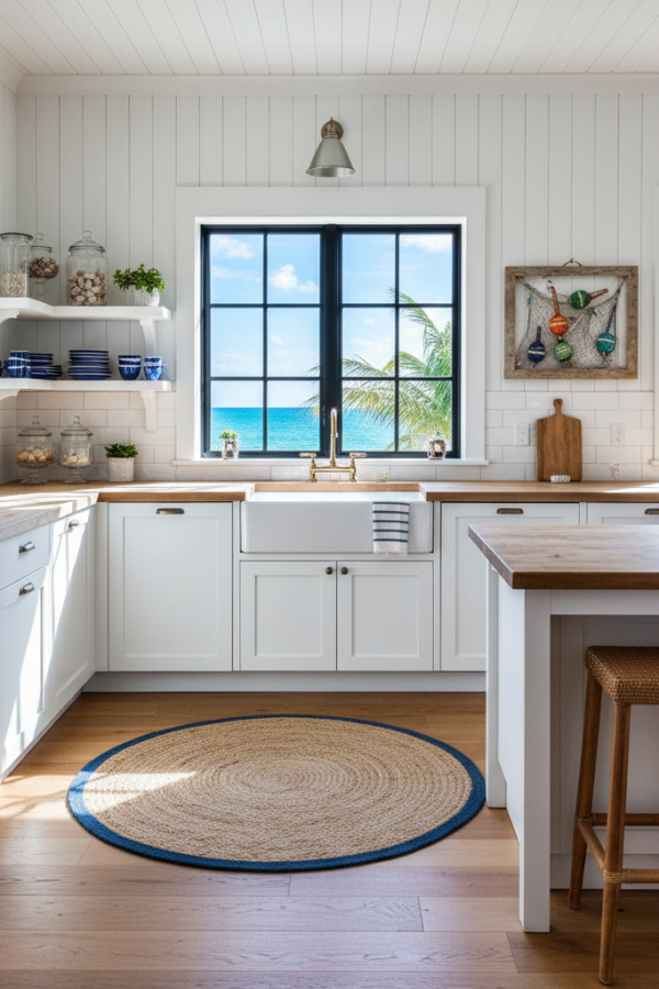 Kitchen Walls, White Painted Shiplap, Black Window Frames, Sunlit Coastal Kitchen Kitchen Walls, White Painted Shiplap, Black Window Frames, Sunlit Coastal Kitchen