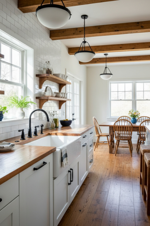 Kitchen Sink Area, White Farmhouse Sink, Black Bridge Faucet, Bright Traditional Kitchen Kitchen Sink Area, White Farmhouse Sink, Black Bridge Faucet, Bright Traditional Kitchen