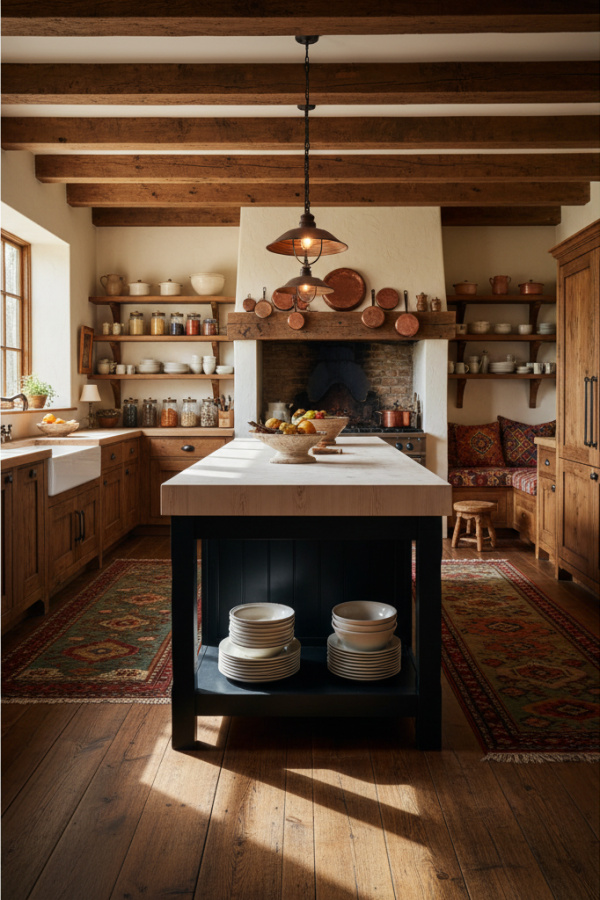 Kitchen Island, Black Painted Base, White Butcher Block Top, Sunlit Rustic Kitchen Kitchen Island, Black Painted Base, White Butcher Block Top, Sunlit Rustic Kitchen