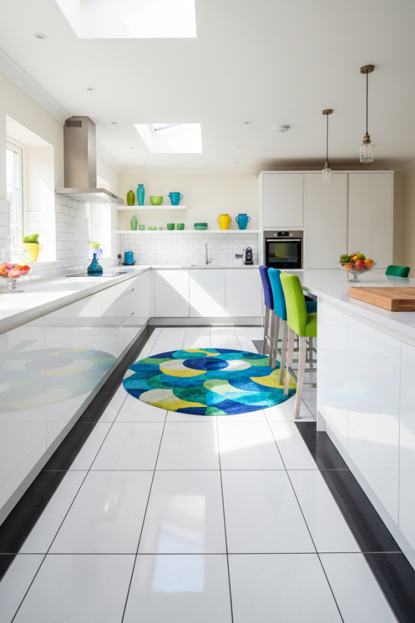 Kitchen Floor, White Large Format Tile, Black Grout Lines, Vibrant Contemporary Kitchen Kitchen Floor, White Large Format Tile, Black Grout Lines, Vibrant Contemporary Kitchen