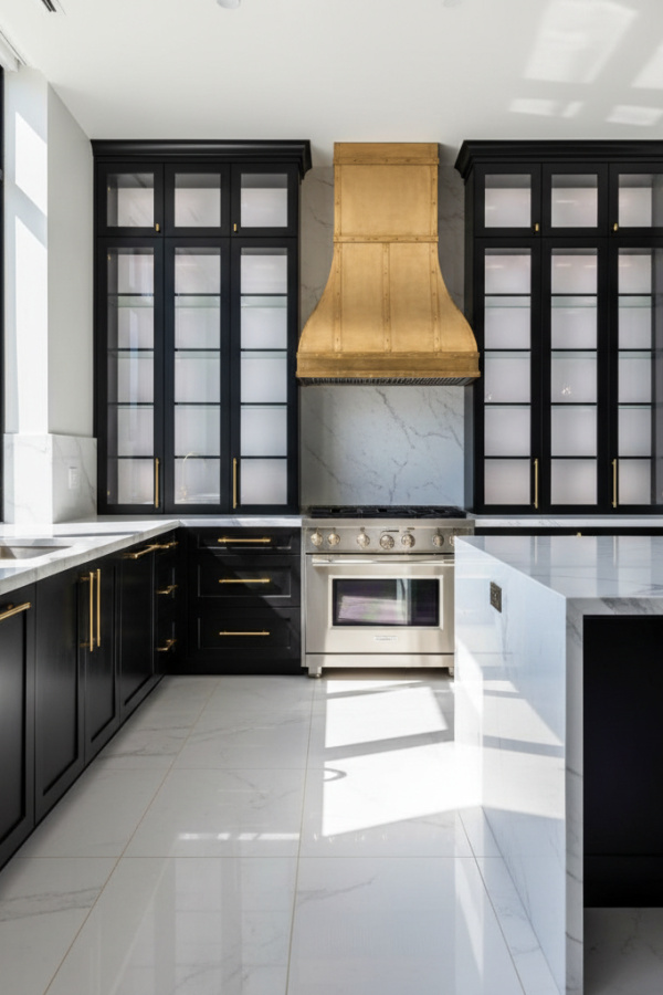 Kitchen Cabinets, Black Glass Front Doors, White Interior Backing, Bright Luxe Kitchen Kitchen Cabinets, Black Glass Front Doors, White Interior Backing, Bright Luxe Kitchen
