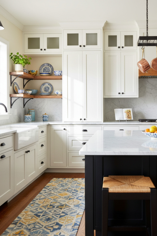 Kitchen Cabinets, White Painted Wood, Black Hardware Accents, Sunlit Transitional Kitchen Kitchen Cabinets, White Painted Wood, Black Hardware Accents, Sunlit Transitional Kitchen