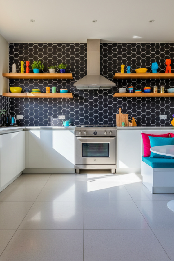 Kitchen Backsplash, Black Geometric Tile, White Grout Lines, Vibrant Contemporary Kitchen Kitchen Backsplash, Black Geometric Tile, White Grout Lines, Vibrant Contemporary Kitchen