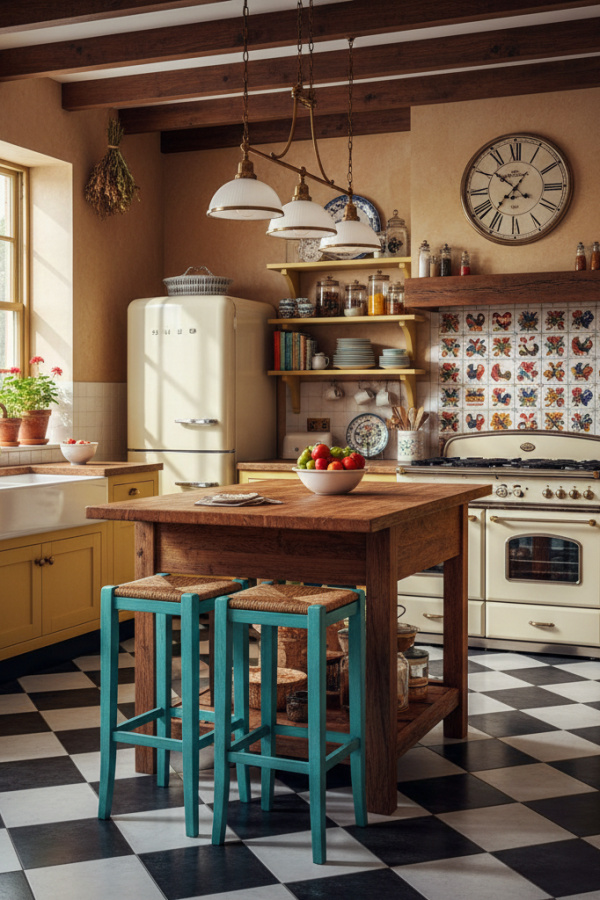 Kitchen Floor, Black and White Checkered Tile, Classic Pattern, Sunlit Vintage Kitchen Kitchen Floor, Black and White Checkered Tile, Classic Pattern, Sunlit Vintage Kitchen