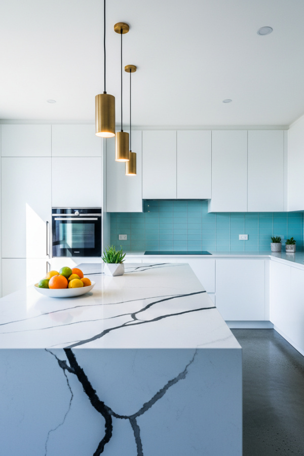 Kitchen Countertop, White Quartz Surface, Black Veining Detail, Vibrant Minimalist Kitchen Kitchen Countertop, White Quartz Surface, Black Veining Detail, Vibrant Minimalist Kitchen