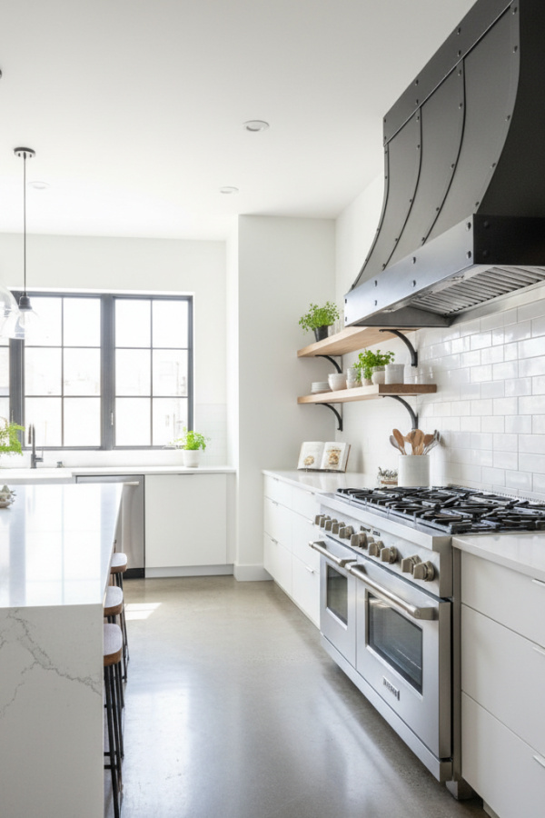 Kitchen Range Hood, Black Metal Finish, White Wall Surround, Bright Industrial Kitchen Kitchen Range Hood, Black Metal Finish, White Wall Surround, Bright Industrial Kitchen