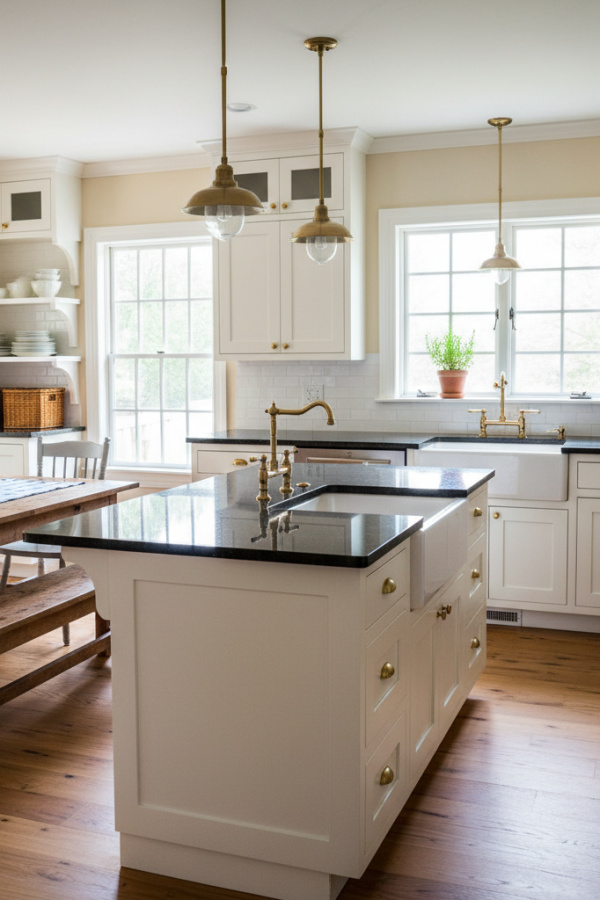 Kitchen Island, White Shaker Cabinets, Black Granite Top, Sunlit Farmhouse Kitchen Kitchen Island, White Shaker Cabinets, Black Granite Top, Sunlit Farmhouse Kitchen