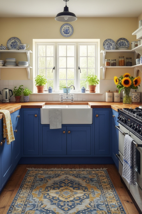 Kitchen Cabinets, Periwinkle Blue Shaker, Butcher Block Countertop, Bright Cottage Kitchen Kitchen Cabinets, Periwinkle Blue Shaker, Butcher Block Countertop, Bright Cottage Kitchen