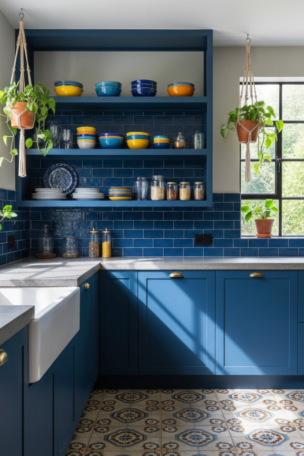 Kitchen Cabinets, Steel Blue Matte, Open Shelving Accent, Sunlit Industrial Kitchen Kitchen Cabinets, Steel Blue Matte, Open Shelving Accent, Sunlit Industrial Kitchen