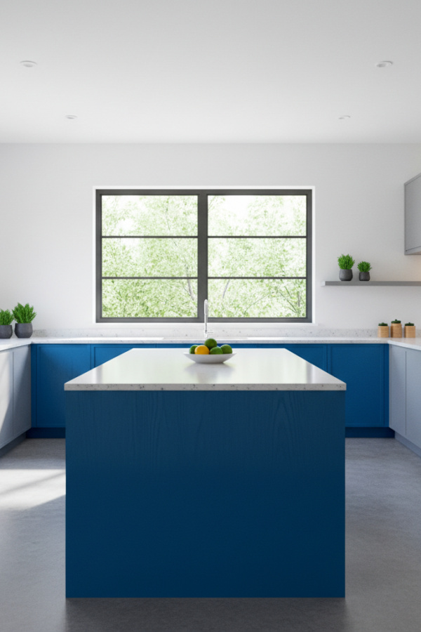 Kitchen Cabinets, Cerulean Blue Island, Gray Perimeter, Vibrant Minimalist Kitchen Kitchen Cabinets, Cerulean Blue Island, Gray Perimeter, Vibrant Minimalist Kitchen
