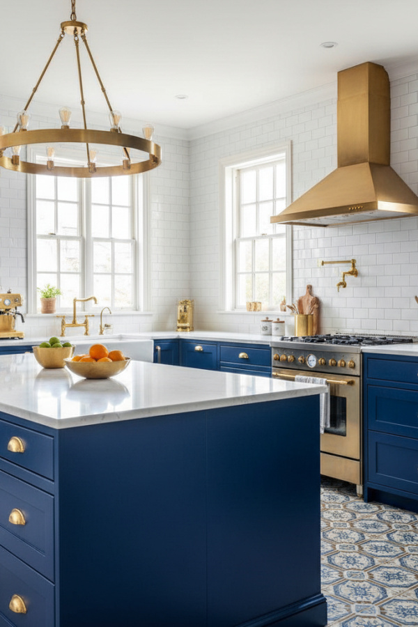 Kitchen Cabinets, Indigo Blue Cabinetry, White Subway Tile, Bright Classic Kitchen Kitchen Cabinets, Indigo Blue Cabinetry, White Subway Tile, Bright Classic Kitchen