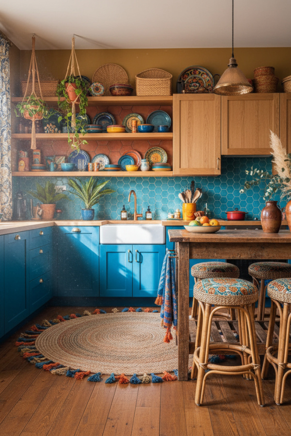 Kitchen Cabinets, Turquoise Blue Lower, Natural Oak Upper, Sunlit Bohemian Kitchen Kitchen Cabinets, Turquoise Blue Lower, Natural Oak Upper, Sunlit Bohemian Kitchen