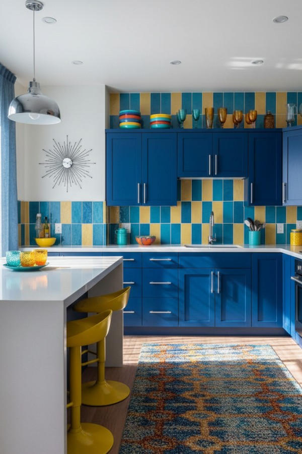 Kitchen Cabinets, Denim Blue Flat Front, Chrome Hardware, Vibrant Mid-Century Modern Kitchen Kitchen Cabinets, Denim Blue Flat Front, Chrome Hardware, Vibrant Mid-Century Modern Kitchen