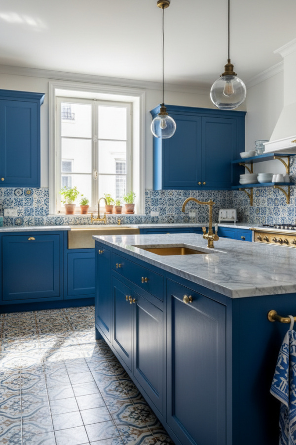 Kitchen Cabinets, French Blue Cabinetry, Marble Countertop, Vibrant Parisian Style Kitchen Kitchen Cabinets, French Blue Cabinetry, Marble Countertop, Vibrant Parisian Style Kitchen