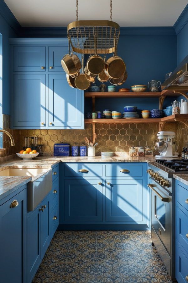 Kitchen Cabinets, Powder Blue Flat Panel, Brass Hardware Accents, Sunlit Transitional Kitchen Kitchen Cabinets, Powder Blue Flat Panel, Brass Hardware Accents, Sunlit Transitional Kitchen