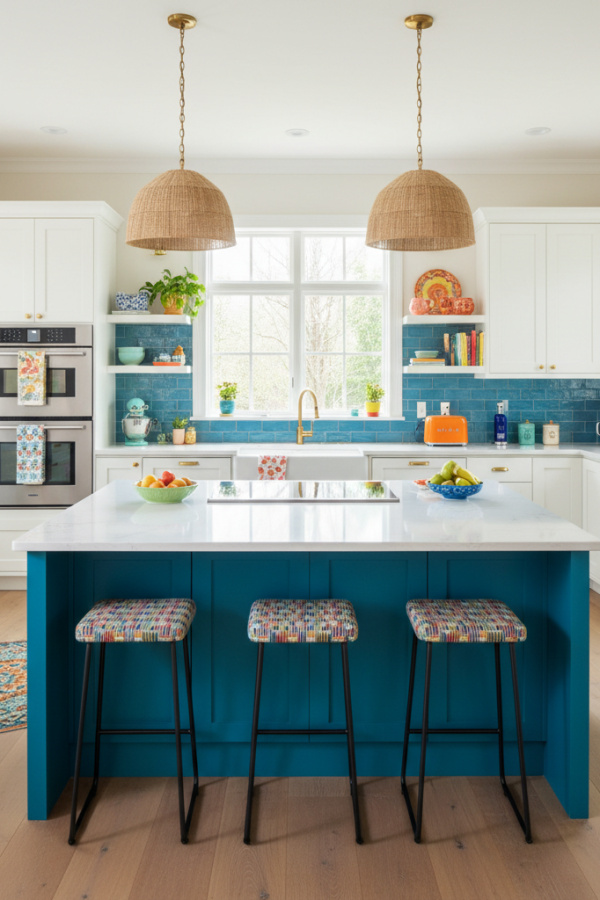 Kitchen Cabinets, Teal Blue Island, White Perimeter Cabinets, Bright Eclectic Kitchen Kitchen Cabinets, Teal Blue Island, White Perimeter Cabinets, Bright Eclectic Kitchen