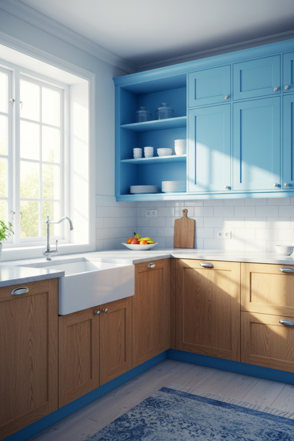 Kitchen Cabinets, Sky Blue Upper Cabinets, Natural Wood Lower, Sunlit Scandinavian Kitchen Kitchen Cabinets, Sky Blue Upper Cabinets, Natural Wood Lower, Sunlit Scandinavian Kitchen