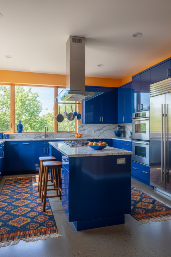 Kitchen Cabinets, Cobalt Blue Lacquer, Stainless Steel Appliances, Vibrant Contemporary Kitchen Kitchen Cabinets, Cobalt Blue Lacquer, Stainless Steel Appliances, Vibrant Contemporary Kitchen