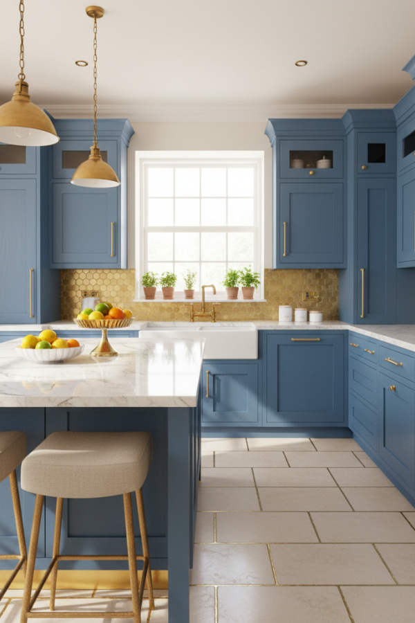 Kitchen Cabinets, Dusty Blue Painted Wood, Gold Hardware, Bright Elegant Kitchen Kitchen Cabinets, Dusty Blue Painted Wood, Gold Hardware, Bright Elegant Kitchen