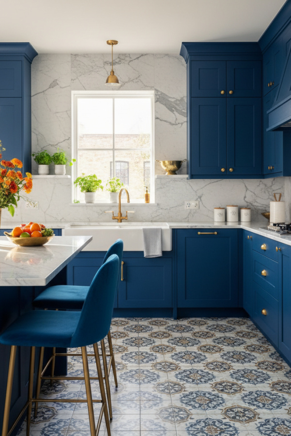 Kitchen Cabinets, Slate Blue Cabinetry, Marble Backsplash, Sunlit Luxe Kitchen Kitchen Cabinets, Slate Blue Cabinetry, Marble Backsplash, Sunlit Luxe Kitchen