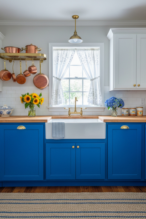 Kitchen Cabinets, Royal Blue Lower Cabinets, White Upper, Vibrant Farmhouse Kitchen Kitchen Cabinets, Royal Blue Lower Cabinets, White Upper, Vibrant Farmhouse Kitchen