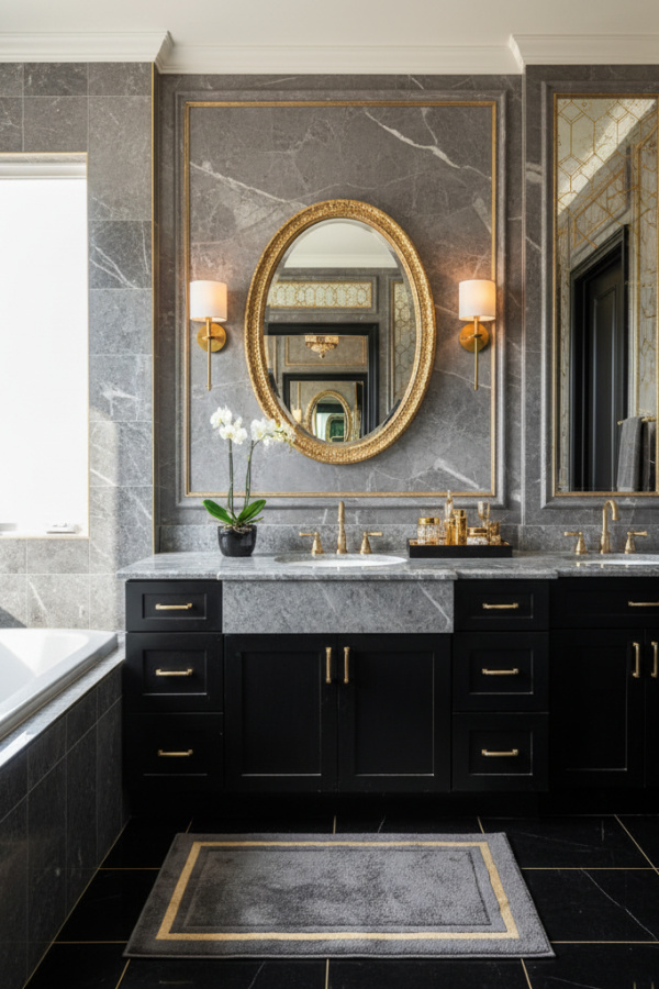 Modern Glamorous Shine Gray and Black Bathroom, Gray Marble-Top Single Vanity, 1 Gold-Framed Oval Mirror, 1 Black Ceramic Tray