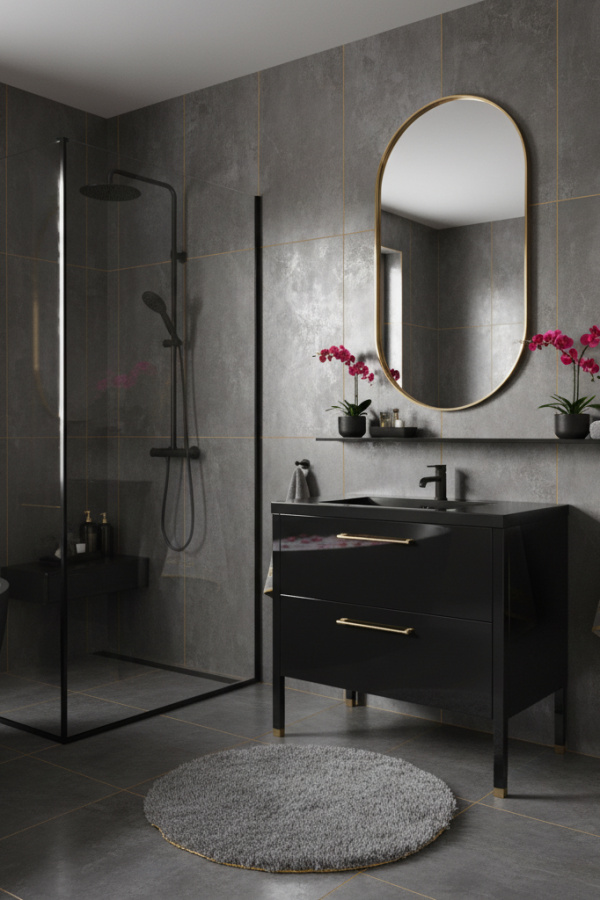 Modern Sultry Charm Gray and Black Bathroom, Black Lacquered Single Vanity, 1 Gray Oval Mirror, 1 Black Ceramic Shelf