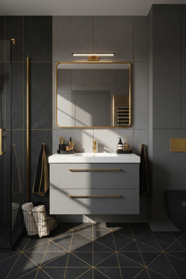 Modern Urban Chic Gray and Black Bathroom, Gray Single Vanity, 1 Gold-Accented Rectangular Mirror, 1 Black Ceramic Tray