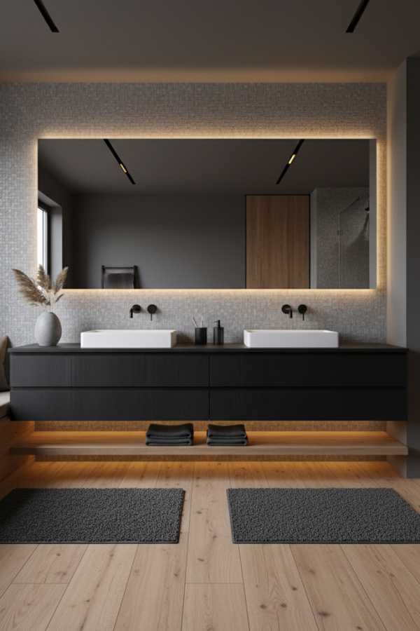 Modern Plush Harmony Gray and Black Bathroom, Soft Gray Mosaic Tile Wall, 1 Black Wooden Double Vanity, 1 Gray Ceramic Vase