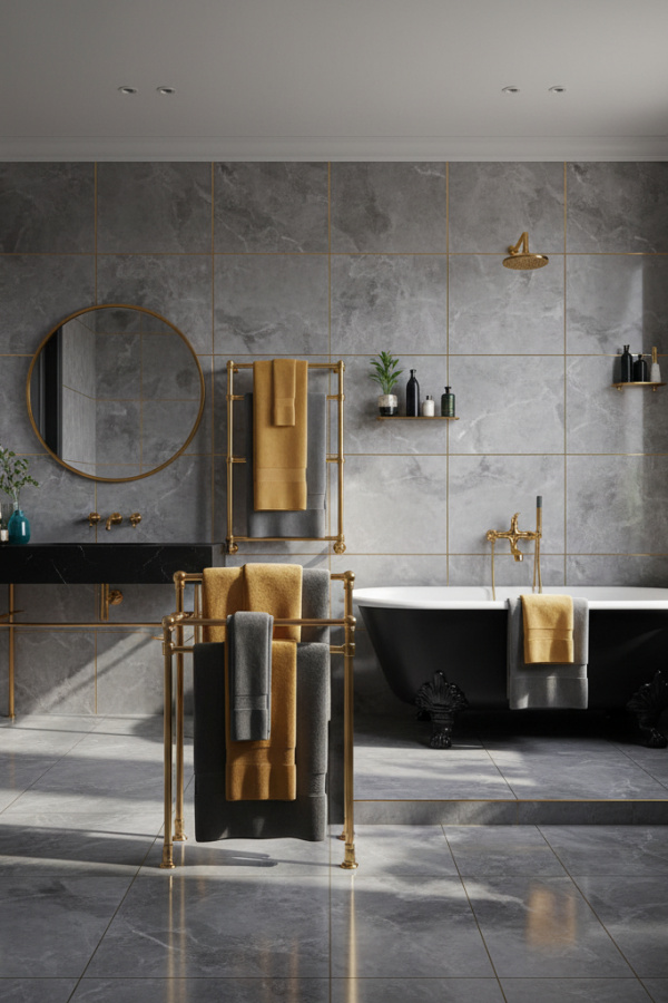 Modern Vibrant Flair Gray and Black Bathroom, Black Clawfoot Tub, 1 Gray Marble Tile Surround, 1 Gold Towel Rack