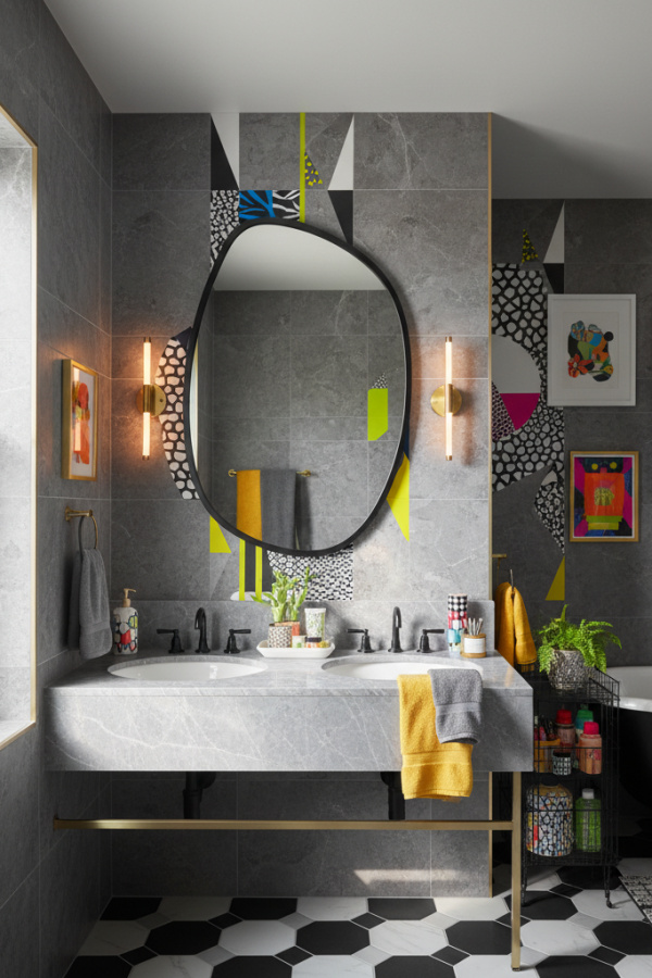 Modern Eclectic Pop Gray and Black Bathroom, Gray Marble-Top Double Vanity, 1 Black Oval Mirror, 1 White Ceramic Tray