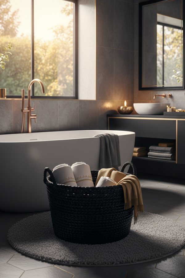 Modern Serene Charm Gray and Black Bathroom, Soft Gray Soaking Tub, 1 Rose Gold Faucet Fixture, 1 Black Woven Basket