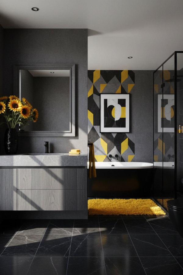 Modern Chic Retreat Gray and Black Bathroom, Charcoal Gray Wooden Single Vanity, 1 Gray Mirrored Frame, 1 Black Ceramic Vase