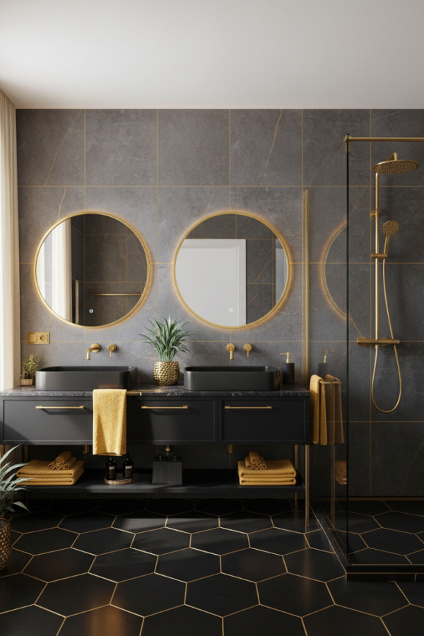 Modern Vibrant Bliss Gray and Black Bathroom, Black Porcelain Double Vanity, 1 Gray Ceramic Tile Surround, 1 Gold Showerhead