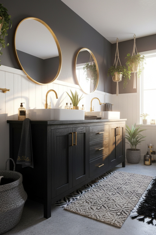 Modern Boho Luxe Gray and Black Bathroom, Black Wooden Double Vanity, 1 Gray Woven Basket, 1 Gold Faucet Fixture