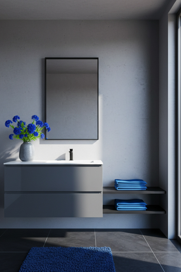 Modern Sleek Minimalist Gray and Black Bathroom, Charcoal Gray Lacquered Single Vanity, 1 Black Metal Rectangular Mirror, 1 Gray Ceramic Vase