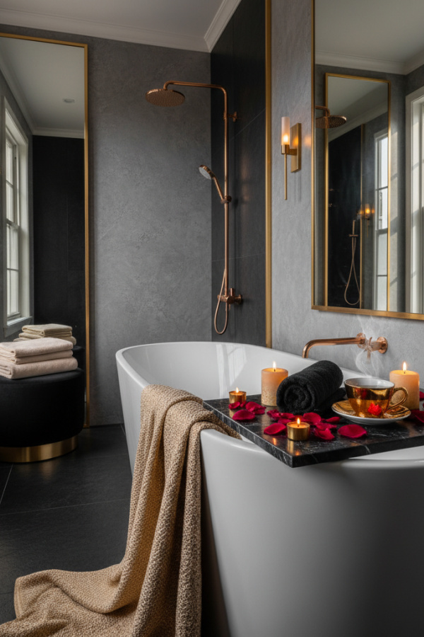 Modern Romantic Elegance Gray and Black Bathroom, Soft Gray Porcelain Freestanding Tub, 1 Rose Gold Showerhead, 1 Black Marble Tray