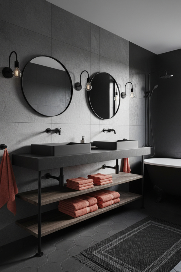 Modern Industrial Chic Gray and Black Bathroom, Black Concrete-Top Double Vanity, 1 Gray Slate Tile Wall, 1 Black Towel Rack