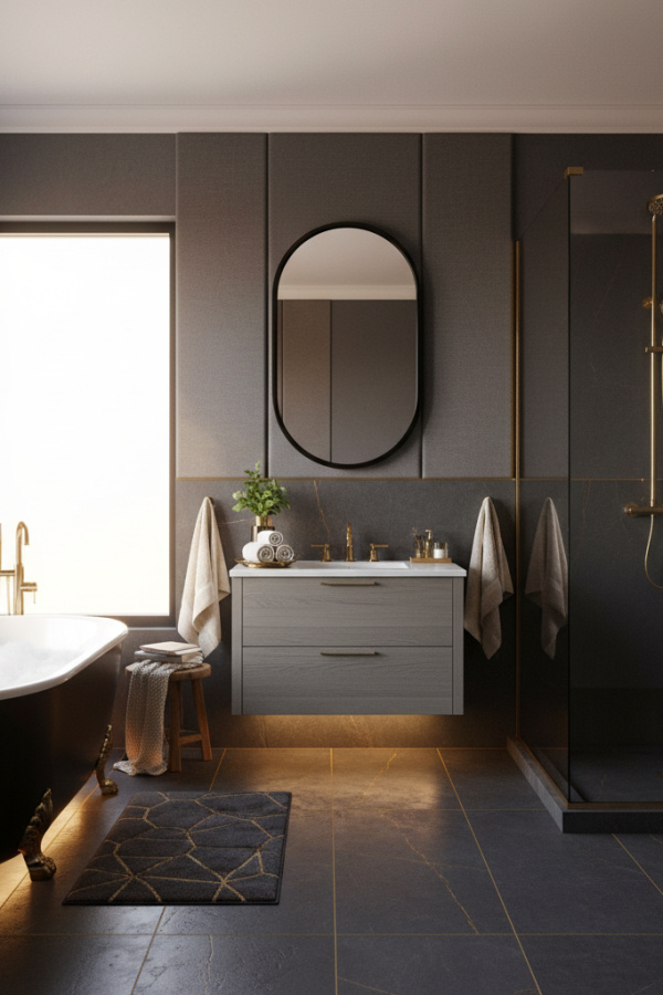 Modern Cozy Sophisticate Gray and Black Bathroom, Gray Wooden Single Vanity, 1 Oval Black Mirror, 1 Gold Decorative Tray