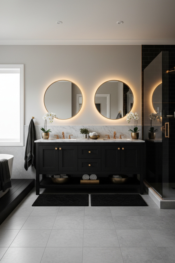 Modern Feminine Bliss Gray and Black Bathroom, Soft Gray Ceramic Tile Floor, 1 Black Wooden Double Vanity, 1 Rose Gold Faucet Fixture