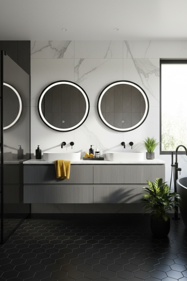 Modern Bold Tranquility Gray and Black Bathroom, Charcoal Gray Double Vanity, 1 White Marble Counter Tray, 2 Black Faucet Fixtures